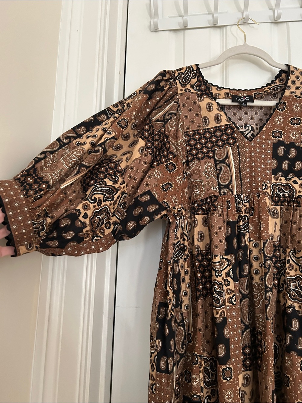 Patchwork Paisley Mini Dress in Brown and Black - Picture 6 of 9